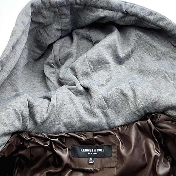 Kenneth Cole New York Men's Brown Puffer Winter Coat Grey Hood  Pockets Size Med - Picture 8 of 14